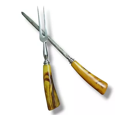 1930s Bakelite Stainless Steel Meat Carving Fork And 7  Honing Steel  • $51.73