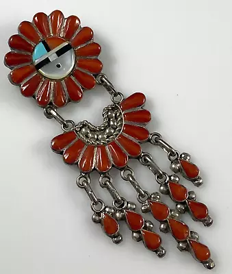 Zuni Pin Brooch Pendant Coral Vintage Sterling Silver Signed Johnson 16.2g • $64