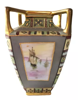 VTG Hand Painted Nippon 4 Handle Porcelain Moriage Vase W/4 Sailboat Scenes 6  H • $139.95