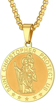 PROSTEEL St Christopher Necklace Men 18K Gold Plated Traveller's Prayer • £19.93