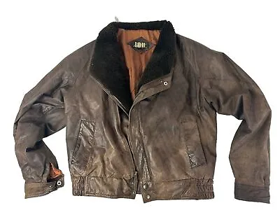 VTG I.O.U Mens Leather Jacket Bomber Brown Fleece Collar Symmetrical Zipper S • $56.08