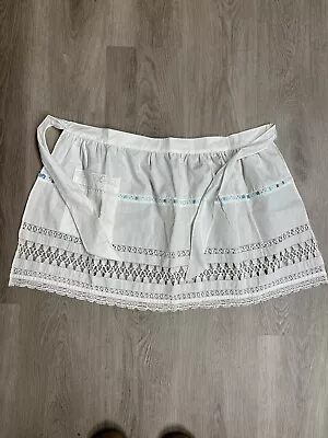 Vintage Half Apron White With Lace & Blue Ribbon & One Pocket ~ Handmade Charm! • $4.50