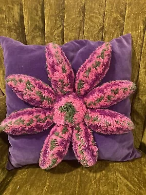 Vintage Groovy  Hippie Accent Pillow  Purple W/ Pink Fuzzy Flower Power Homemade • £31.31