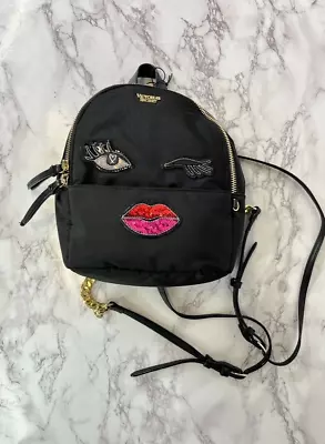 Victorias Secret  Women's Black Mini Backpack Winky Face Sequin Lips • $41.39