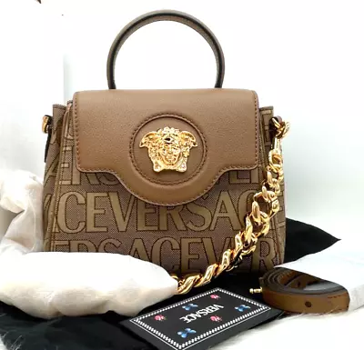 AUTH NWT Versace La Medusa Head Monogram Top Small Handle Canvas Leather Handbag • $2856.47