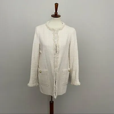 Zara Jacket Coat Tweed Textured Fringe Long Pocket High Neck Fantasy Cream Ivory • $49.99