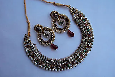 Ethnic Bollywood Necklace Gold Tone Pearl Kundan Indian Bridal Jewelry Set • $14.99