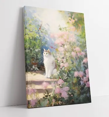 Claude Monet Style Cat In Garden 5 Lilac -deep Framed Canvas Wall Art Print • £14.99