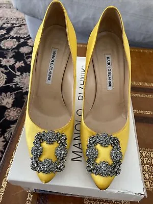 MANOLO BLAHNIK Yellow Satin Hangisi Pumps Size 7 Hand Made In Italy • $425