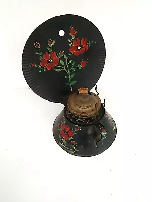 Antique Primitive Painted Tin Finger Oil Lamp W Sunburst Reflector • $34.99