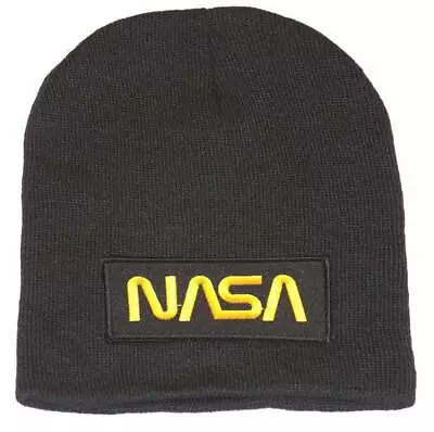 Delux 3D Patch Embroidery Black Short Beanie Space NASA Gold Logo • $10.95