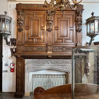 Antique American Jacobean Revival Oak & Limestone Trumeau Fireplace C. 1913 • $19000