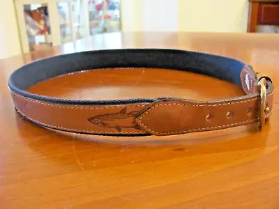 Cool 'reef Riders' Usa Men's Fish Motif Tan Leather & Navy Canvas Belt Sz 32 Nos • $22.99