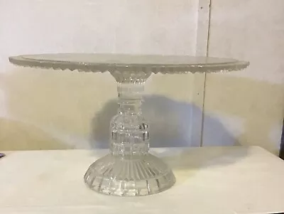 Vintage Glass Pedestal Cake Stand   Clear Pressed Ruffled Edge Fancy Footed • $42.50