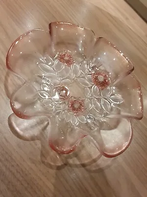 Vintage Mikasa Walther Glass Rosella Pink Floral Ruffle Edge Sweet Dish Plate • £8