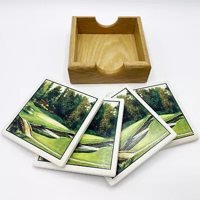 Vintage Set Of 4 Golf Course Coasters & Holder - Stoneware With Cork Backing • $21.99