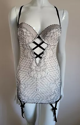 NWT VICTORIAS SECRET Black White Lace Strappy Merry Widow Chemise Size 34C Sexy • $78