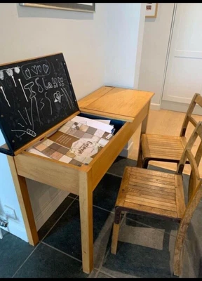 £80 • Buy Vintage Retro School Desk With Flip Top Lid, Chalkboard Paint And Two Chairs. 