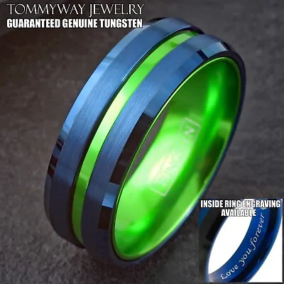 Engraved 6/8mm Men's Blue Tungsten Green Striped Band Ring-Seahawks Colors • $15.99