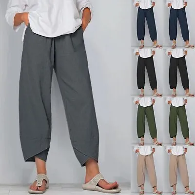 Summer Womens Ladies Cotton Linen Baggy Casual Harem Pants Trousers Plus Size • £10.49