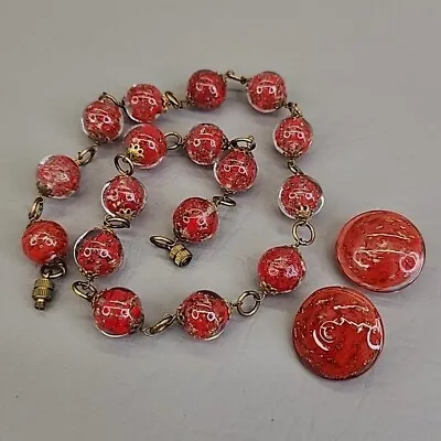 Vtg Venetian Necklace Clip Earrings Set Vtg Red Sommerso Glass Gold Tone 17.5  • $69