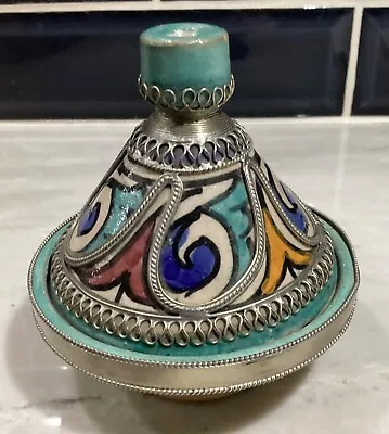 Moroccan Spice Condiment Tagine In Terracotta With Metal Details 4.25” • $22