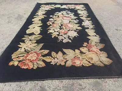 Vintage French Needle Point Handmade Floral Brown Wool Rug Carpet 138x64cm • £125