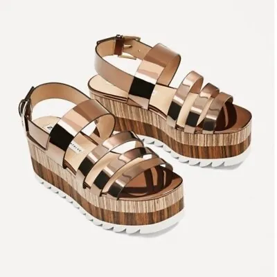 Zara Platform Contrast Wood Wedge Strappy Metallic Sandals 90s Y2K Tan 8 • $37.50