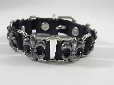 Vintage Bracelet Faux Leather Buckle Saints Fleur De Lis Pewter Tone Black • $31.99