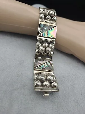 VINTAGE Unique Mexico Silver Toned And Abalone Hinged 8 Panel Bracelet - 7 1/2   • $42.46