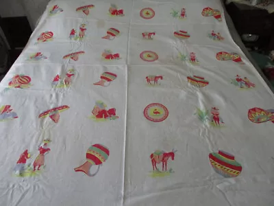 MCM Vintage MEXICAN FIESTA Cotton Tablecloth Bright Colors Cactus Donkey • $20