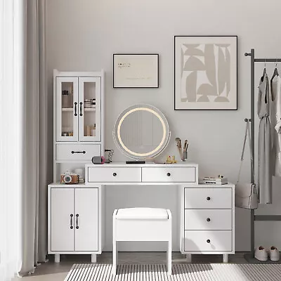 LED Vanity Set Makeup Dressing Table With Charging Station And Storage Cabinet • $270.98