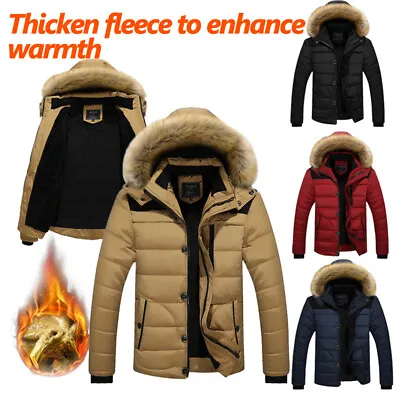 Mens Winter Parka Jacket Faux Fur Hooded Winter Warm Padded Outerwear Coat • £31.15