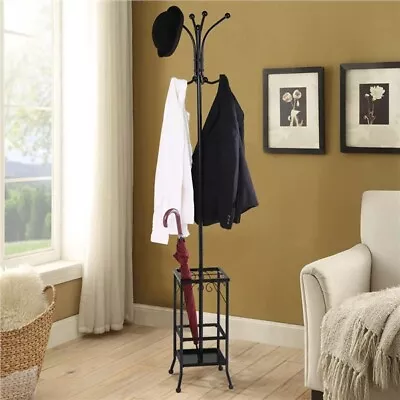 Metal Coat Stand Rack Free Standing Hall Tree Coat Hanger With Umbrella Holder • £37.99