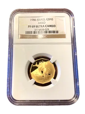 Israel 1986 Gold 5 New Sheqalim NGC PF69UC Akko • $700