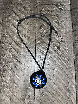 Blue/White/Black Mandala Stone Pendant Suede Choker Necklace. Hand Painted • $7.25