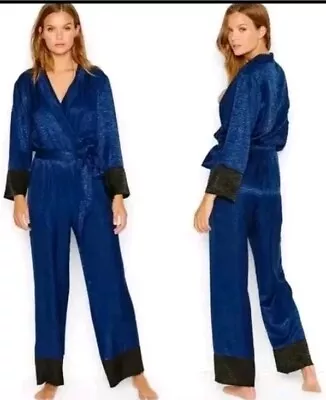 Victoria's Secret Women’s Pajama Jumpsuit Zebra Print Satin Sz XL Blue Black • £28.90