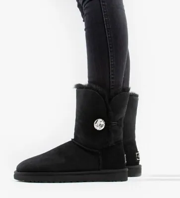UGG Bailey Button Bling Boots Black Crystal Detail Women Size 7 Sheepskin Lined • $49.99