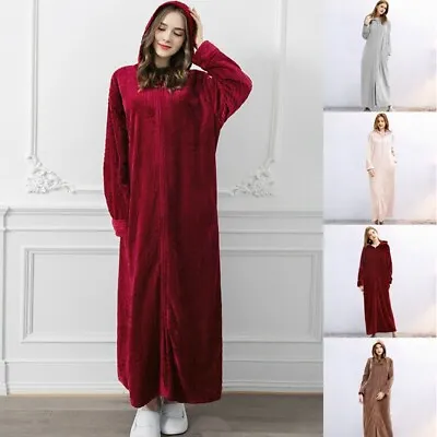 Hooded Ladies Dressing Gown Bath Robe Warm Soft Womens Fleece Zip Up Long Robes • £33.79