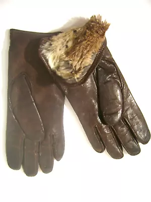 Unisex Vintage Soft Leather Brown Gloves Natural Fur Lined  M Sz • $52.50