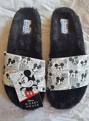 £12.50 • Buy Mickey Mouse Women Slip On Black Sandals Fur Lined Uksize 4 New 27b194