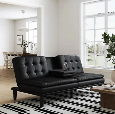 Memory Foam Pillowtop Futon Sofa Bed Loveseat With Cupholder Black Faux Leather • $300