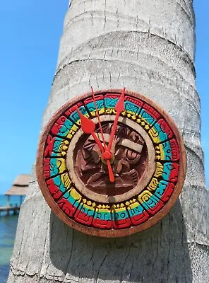 Colorful Wall Clock - Mayan Calendar Artesania Mexicana Carved Wooden Panel 5  • $64.99