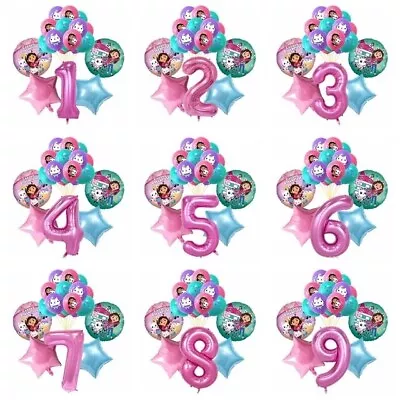 17pcs Gabby Dollhouse Themed Age Number Latex Foil Birthday Party Balloons. • £10.99