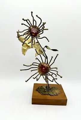 Vintage Retro Metal Flowers Leaves Leaf Red Sculpture Wood Base MCM Jere Style • $66.50