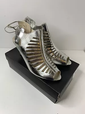 Ladies Silver 3.5 Inch Heel Stiletto Caged Gladiator Sandals Shoes  Size UK6 • £31.99