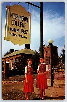 New Concord Ohio~Muskingum College~Girls In School Uniform @ Entrance~US 40~1960 • $8