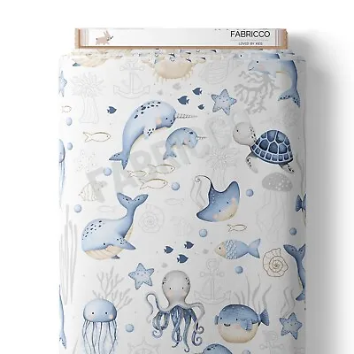 Sea Life Cotton Fabric Kids   Ocean Blue Mint 100% Cotton  160 Cm 64'' • £8.99