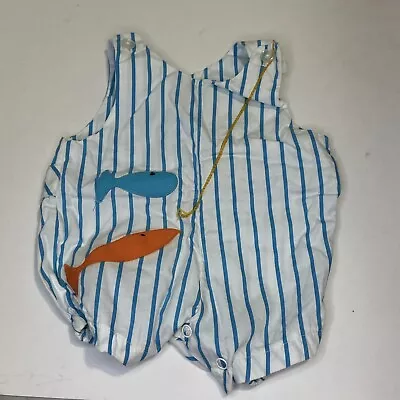 Fawn Fashion 9m Vintage Baby One Piece Overalls White Blue Vertical Stripe Fish • $3.74