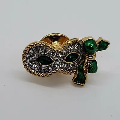 Swarovski Swan Signed Small Mardi Gras Mask Green Bow Masquerade Brooch Pin • $27.75